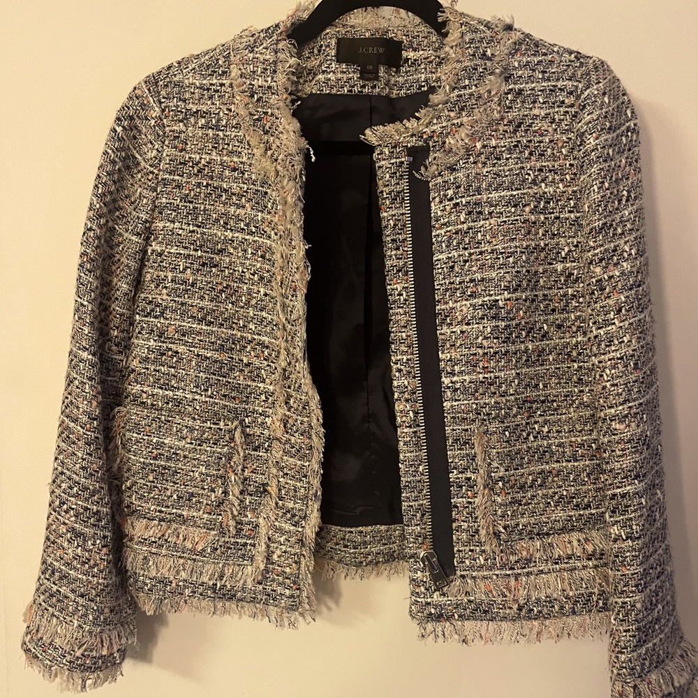 J. Crew tweed cropped jacket with zipper and fringe detail- size 00